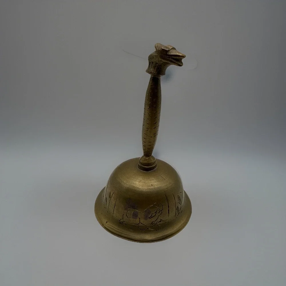 Vintage Brass Hand Bell Snake Serpent on Handle Animals Etched into Bell